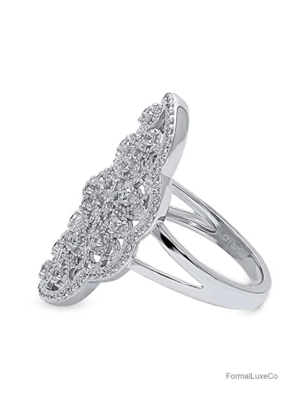 Sterling Silver Flower Navette Art Deco Filigree Statement Cocktail Ring Cubic